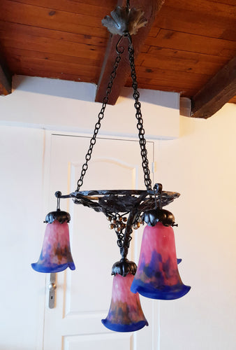 Art Nouveaux Chandelier by Muller Frères of Lunneville, 4 Shades, Hand Made, Perfect Condition