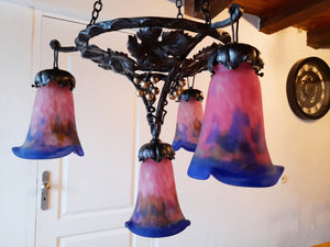 Art Nouveaux Chandelier by Muller Frères of Lunneville, 4 Shades, Hand Made, Perfect Condition