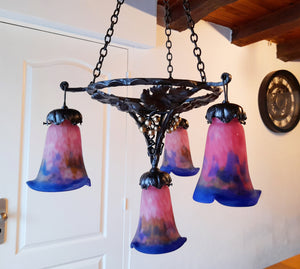 Art Nouveaux Chandelier by Muller Frères of Lunneville, 4 Shades, Hand Made, Perfect Condition