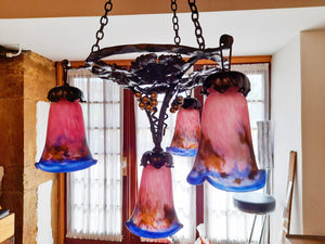 Art Nouveaux Chandelier by Muller Frères of Lunneville, 4 Shades, Hand Made, Perfect Condition