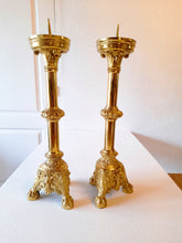 Load image into Gallery viewer, Antique Church Candlesticks, French, Gilded Bronze, Gothic Revival, Stunning Pair, Excellent Condition, 45 cm Tall 10 cm Cup Circa 1880