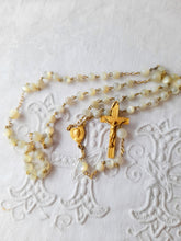 Load image into Gallery viewer, Art Deco Rosary From France With Hand Cut Mother of Pearl Beads and Gold Plated Cross, Chain and Medal