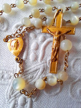 Load image into Gallery viewer, Art Deco Rosary From France With Hand Cut Mother of Pearl Beads and Gold Plated Cross, Chain and Medal