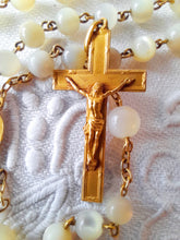 Load image into Gallery viewer, Art Deco Rosary From France With Hand Cut Mother of Pearl Beads and Gold Plated Cross, Chain and Medal