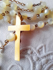 Art Deco Rosary From France With Hand Cut Mother of Pearl Beads and Gold Plated Cross, Chain and Medal