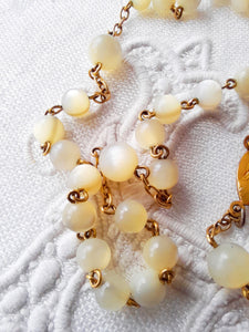 Art Deco Rosary From France With Hand Cut Mother of Pearl Beads and Gold Plated Cross, Chain and Medal