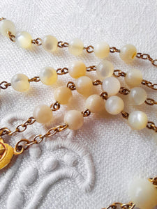 Art Deco Rosary From France With Hand Cut Mother of Pearl Beads and Gold Plated Cross, Chain and Medal