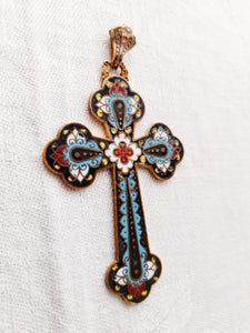 Antique Pendant Cross, French Enamelled Pendant Cross, French Cloisonne Cross, Circa 1870 7.5 x 4.5 Centimetres, Perfect Condition