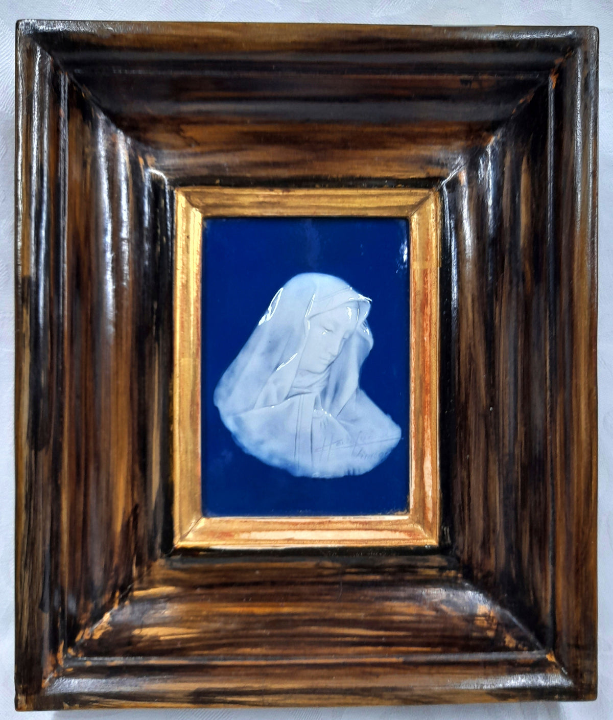 Unsere Liebe Frau von der Immerwährenden Trauer und Die Passion Christi von Marcel Chaufriasse, Pate-Sur-Pate-Plaketten, seltenes signiertes Paar