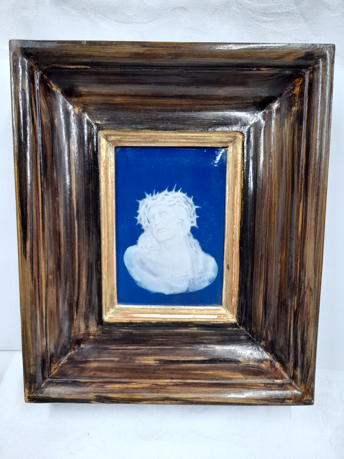 Unsere Liebe Frau von der Immerwährenden Trauer und Die Passion Christi von Marcel Chaufriasse, Pate-Sur-Pate-Plaketten, seltenes signiertes Paar