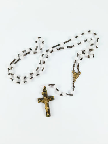 Opaline Pearl Rosary, Bronze and Oak Cross, Puffed Bronze Link Medal, France circa 1820