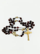 Load image into Gallery viewer, SOLD Antique Catholic Rosary, Garnet Beads, Five Decade, Gold Washed Silver Chain, Link Medal, Cross and Our Father Beads, Circa 1890, 37 cm
