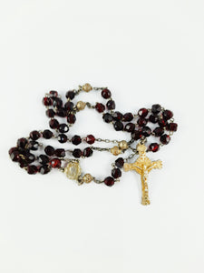 SOLD Antique Catholic Rosary, Garnet Beads, Five Decade, Gold Washed Silver Chain, Link Medal, Cross and Our Father Beads, Circa 1890, 37 cm