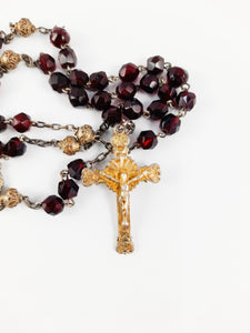 SOLD Antique Catholic Rosary, Garnet Beads, Five Decade, Gold Washed Silver Chain, Link Medal, Cross and Our Father Beads, Circa 1890, 37 cm