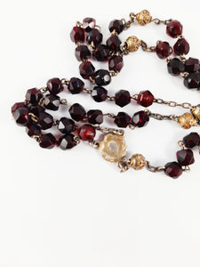 SOLD Antique Catholic Rosary, Garnet Beads, Five Decade, Gold Washed Silver Chain, Link Medal, Cross and Our Father Beads, Circa 1890, 37 cm