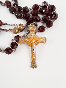 SOLD Antique Catholic Rosary, Garnet Beads, Five Decade, Gold Washed Silver Chain, Link Medal, Cross and Our Father Beads, Circa 1890, 37 cm