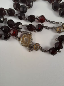 SOLD Antique Catholic Rosary, Garnet Beads, Five Decade, Gold Washed Silver Chain, Link Medal, Cross and Our Father Beads, Circa 1890, 37 cm