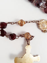 Load image into Gallery viewer, SOLD Antique Catholic Rosary, Garnet Beads, Five Decade, Gold Washed Silver Chain, Link Medal, Cross and Our Father Beads, Circa 1890, 37 cm