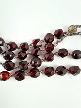 Load image into Gallery viewer, SOLD Antique Catholic Rosary, Garnet Beads, Five Decade, Gold Washed Silver Chain, Link Medal, Cross and Our Father Beads, Circa 1890, 37 cm