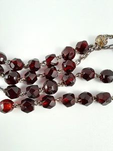 SOLD Antique Catholic Rosary, Garnet Beads, Five Decade, Gold Washed Silver Chain, Link Medal, Cross and Our Father Beads, Circa 1890, 37 cm