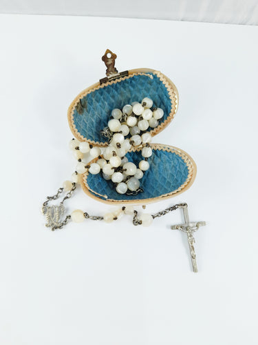 Antique Catholic Rosary, Hand Carved Mother Of Pearl Beads, Solid Silver Cross and Chain, Mother of Pearl Case, Circa 1880