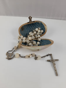 Antique Catholic Rosary, Hand Carved Mother Of Pearl Beads, Solid Silver Cross and Chain, Mother of Pearl Case, Circa 1880
