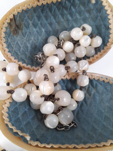 Antique Catholic Rosary, Hand Carved Mother Of Pearl Beads, Solid Silver Cross and Chain, Mother of Pearl Case, Circa 1880