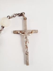 Antique Catholic Rosary, Hand Carved Mother Of Pearl Beads, Solid Silver Cross and Chain, Mother of Pearl Case, Circa 1880