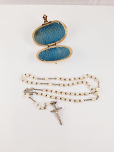 Antique Catholic Rosary, Hand Carved Mother Of Pearl Beads, Solid Silver Cross and Chain, Mother of Pearl Case, Circa 1880