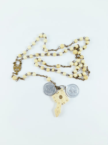Antique Bone Rosary, Bronze Chain and Link Medal, With Two Pilgrimage Medals