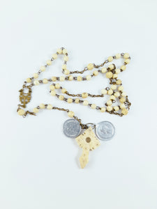 Antique Bone Rosary, Bronze Chain and Link Medal, With Two Pilgrimage Medals