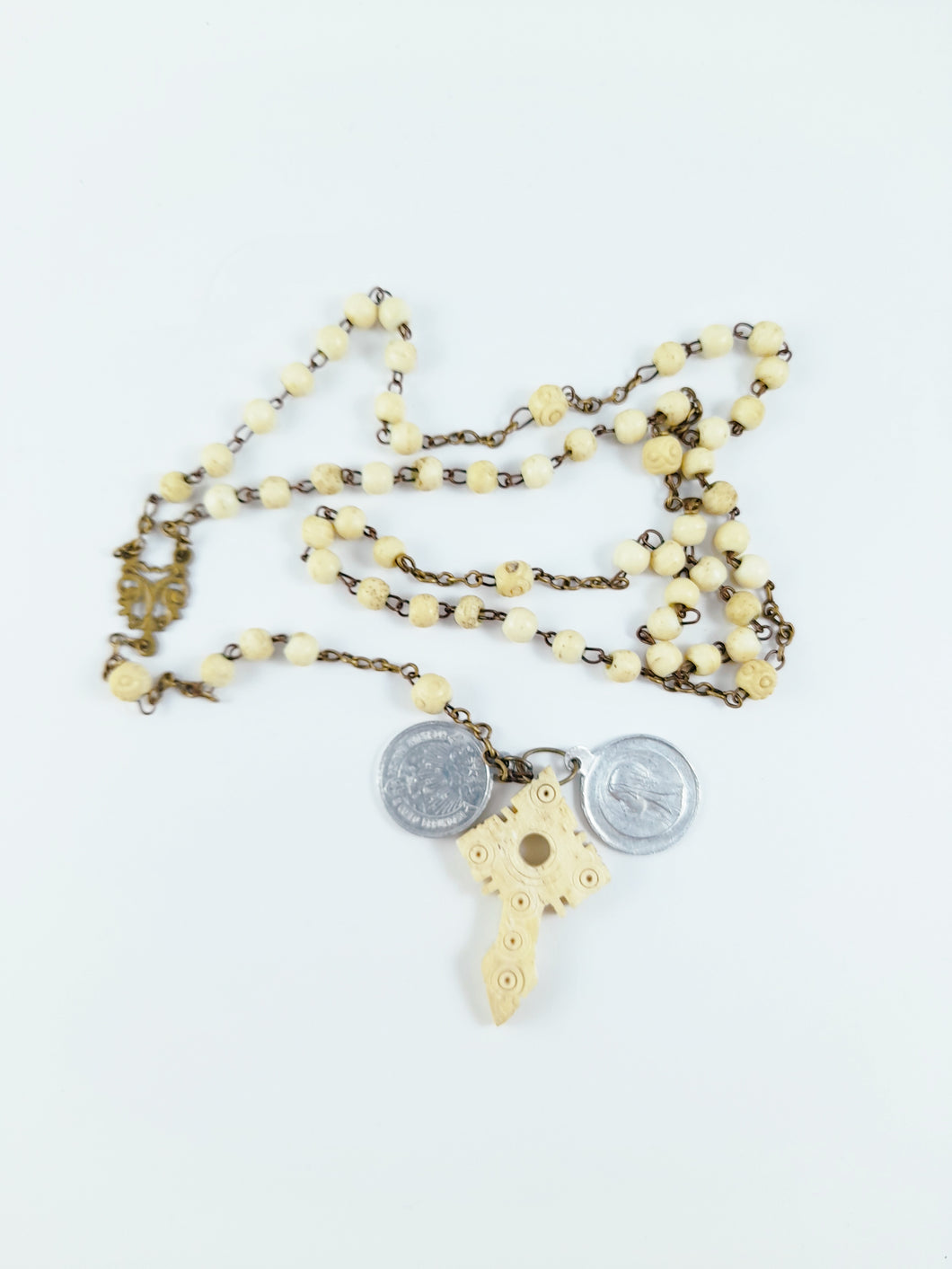 Antique Bone Rosary, Bronze Chain and Link Medal, With Two Pilgrimage Medals