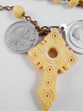 Load image into Gallery viewer, Antique Bone Rosary, Bronze Chain and Link Medal, With Two Pilgrimage Medals