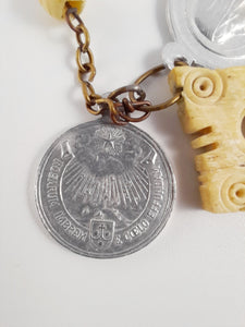 Antique Bone Rosary, Bronze Chain and Link Medal, With Two Pilgrimage Medals