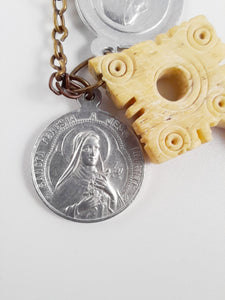 Antique Bone Rosary, Bronze Chain and Link Medal, With Two Pilgrimage Medals
