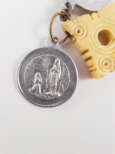 Antique Bone Rosary, Bronze Chain and Link Medal, With Two Pilgrimage Medals