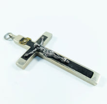 Load image into Gallery viewer, Antique Profession Crucifix – Handmade at Lourdes c.1880, Silvered Bronze &amp; Ebony Inlay, Silver Corpus Christi, Rare 8x4cm Cross