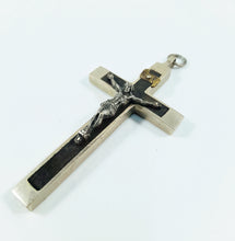 Load image into Gallery viewer, Antique Profession Crucifix – Handmade at Lourdes c.1880, Silvered Bronze &amp; Ebony Inlay, Silver Corpus Christi, Rare 8x4cm Cross