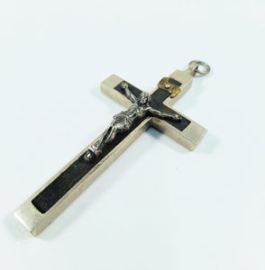 Antique Profession Crucifix – Handmade at Lourdes c.1880, Silvered Bronze & Ebony Inlay, Silver Corpus Christi, Rare 8x4cm Cross