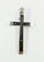 Load image into Gallery viewer, Antique Profession Crucifix – Handmade at Lourdes c.1880, Silvered Bronze &amp; Ebony Inlay, Silver Corpus Christi, Rare 8x4cm Cross
