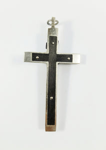 Antique Profession Crucifix – Handmade at Lourdes c.1880, Silvered Bronze & Ebony Inlay, Silver Corpus Christi, Rare 8x4cm Cross