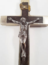 Load image into Gallery viewer, Antique Profession Crucifix – Handmade at Lourdes c.1880, Silvered Bronze &amp; Ebony Inlay, Silver Corpus Christi, Rare 8x4cm Cross
