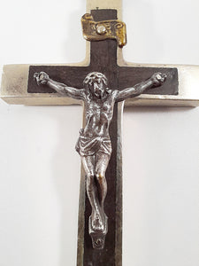 Antique Profession Crucifix – Handmade at Lourdes c.1880, Silvered Bronze & Ebony Inlay, Silver Corpus Christi, Rare 8x4cm Cross