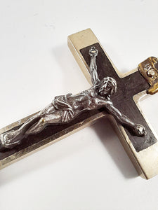 Antique Profession Crucifix – Handmade at Lourdes c.1880, Silvered Bronze & Ebony Inlay, Silver Corpus Christi, Rare 8x4cm Cross