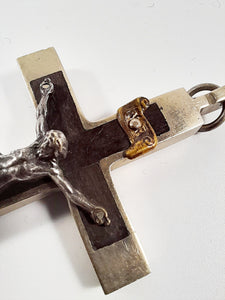 Antique Profession Crucifix – Handmade at Lourdes c.1880, Silvered Bronze & Ebony Inlay, Silver Corpus Christi, Rare 8x4cm Cross