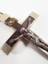 Load image into Gallery viewer, Antique Profession Crucifix – Handmade at Lourdes c.1880, Silvered Bronze &amp; Ebony Inlay, Silver Corpus Christi, Rare 8x4cm Cross