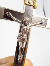 Load image into Gallery viewer, Antique Profession Crucifix – Handmade at Lourdes c.1880, Silvered Bronze &amp; Ebony Inlay, Silver Corpus Christi, Rare 8x4cm Cross
