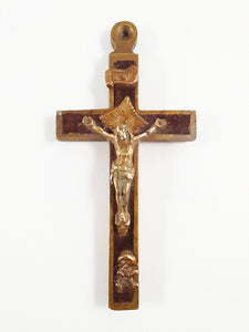 Antique Golgotha Crucifix – Handmade Bronze & Ebony Inlay, Mid-18th Century Religious Cross, Rare Christian Devotional Art