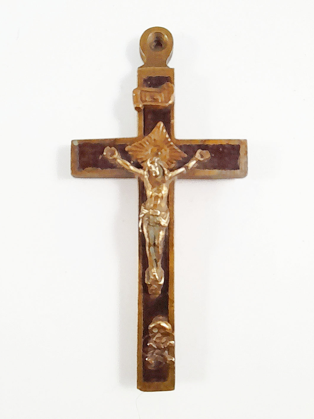 Antique Golgotha Crucifix – Handmade Bronze & Ebony Inlay, Mid-18th Century Religious Cross, Rare Christian Devotional Art