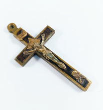 Load image into Gallery viewer, Antique Golgotha Crucifix – Handmade Bronze &amp; Ebony Inlay, Mid-18th Century Religious Cross, Rare Christian Devotional Art